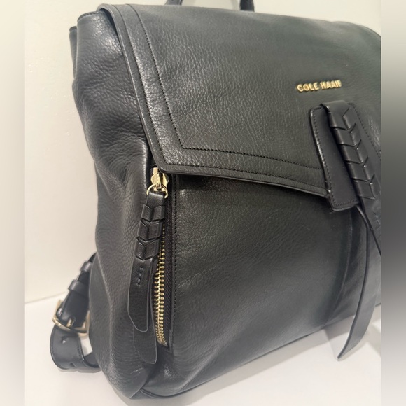 Cole Haan Felicity Palo Black Leather Backpack w/Blue Fabric Interior Woven Zip - Picture 2 of 11